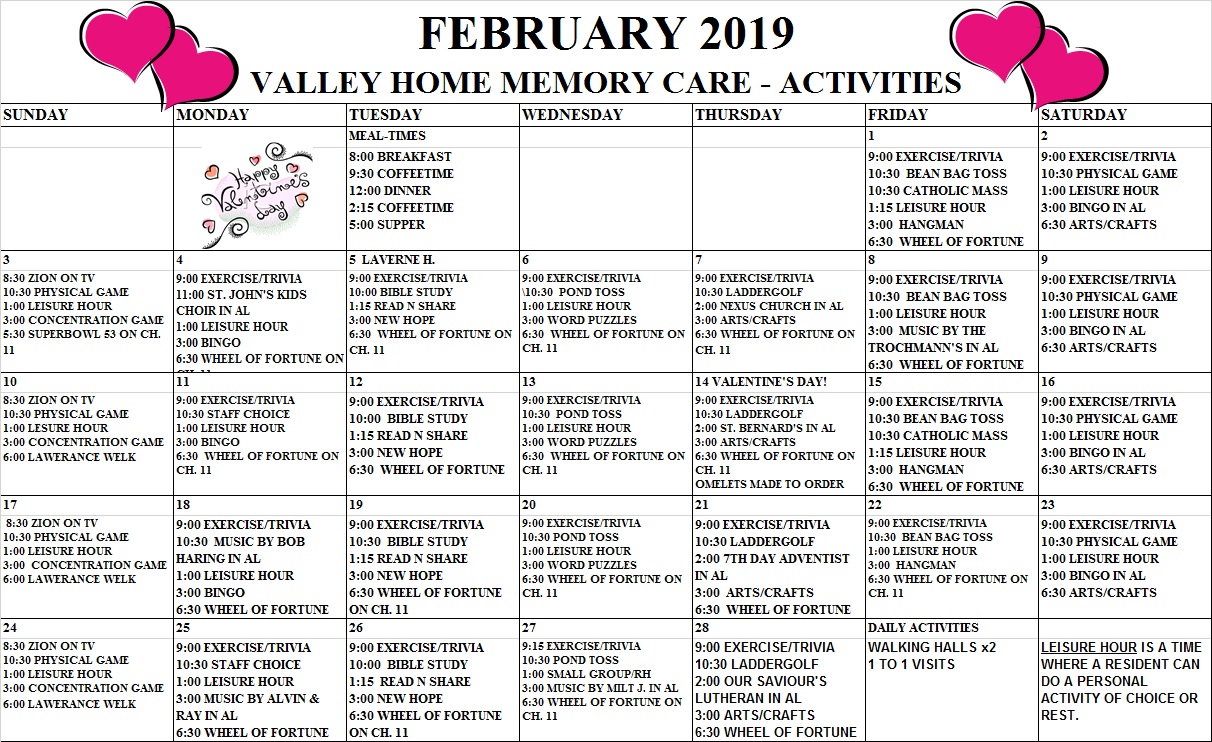 Memory Care Monthly Activities Calendar